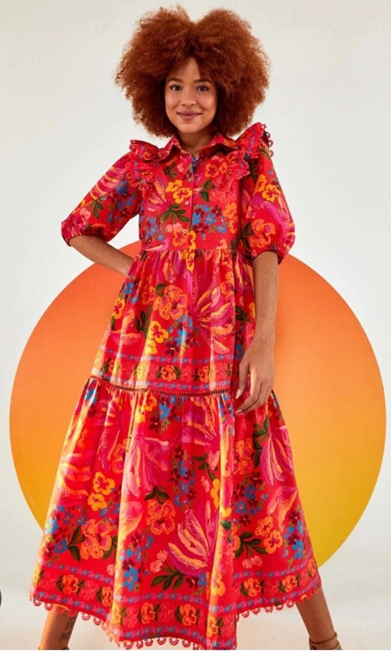 NWT Farm Rio Womens Vibrant Red Springs Bananas Tropical Beach Midi Dress Sz S